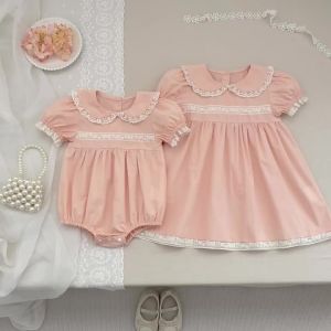 2026 New Summer 2-6Yrs Kids Princess Short Sleeved Solid Color Dresses Sister Clothing Cotton Baby Birthday Party Lace Dress