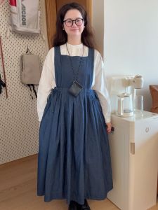 Retro Japanese Denim Blue Strap Dress Casual Pure Cotton Mid-Length Dress Versatile Layering Commute High Waist Spring Summer