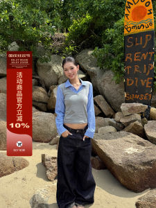 American Retro Fake Two-Piece Long Sleeve Casual Shirt for Women Slim Fit Trendy Girl T-Shirt Korean Style Commute Pattern