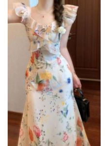 French Style Floral Print Summer Dress Womens Sleeveless Tea Break Holiday Beach Long Skirt Unique Beautiful H-Line Straight Cut