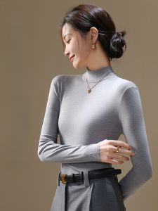 MiiOW | เสื้อยืดคอตั้งทรงสลิมฟิตสำหรับผู้หญิง ผ้าขนสัตว์ผสมโพลีเอสเตอร์ ปกติ แขนยาว ปกติ สีพื้น เสื้อชั้นในฤดูใบไม้ร่วงและฤดูหนาว