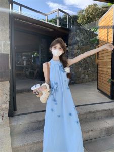 ชุดเดรสยาวผู้หญิงแขนกุดลายดอกไม้สไตล์ฝรั่งเศส ฤดูร้อนปี 2025 ชายหาด ชุดว่ายน้ำ ชุดไปงานวันเกิด เดรสยาวคลุมท้อง ผ้าโพลีเอสเตอร์