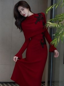 SHANGSHA | Occasion Wear Elegant Red Knit Dress Set