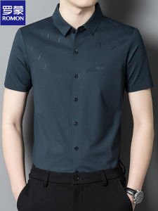 เสื้อเชิ้ตแขนสั้นผ้าไหมน้ำแข็งฤดูร้อนใหม่บางเฉียบสำหรับผู้ชาย ทรงหลวม ไม่ต้องรีด ผ้าฝ้ายผสม ลายทาง ทรงปกติ สำหรับผู้ชาย