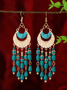 Bohemian Ethnic Style Green Tassel Earrings for Women Long Vintage Fashion Cloud Pattern Alloy Silver Gold Plated Ear Studs