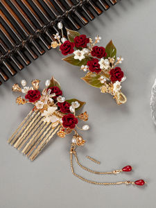 Chinese Ancient Style Bride Toast Suit Headdress Beautiful Classical Elegant Chinese Hair Accessories Red Roses Barrettes Hair Comb Accessories for Women