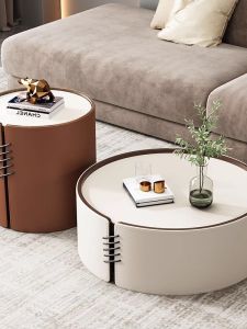 Luxurious Italian Style round Tea Table Set with Storage Small Apartment Living Room Home Use Saddle Leather Coffee Table