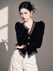 AXU | Black Velvet Lace-up Blouse Innerwear