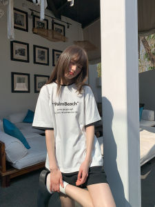 Áo Thun Nữ Tay Ngắn in Chữ Phong Cách Mỹ Cổ Tròn Dáng Rộng Mùa Hè Mới Về Màu Tương Phản Giả Hai Mảnh Chất Liệu Cotton