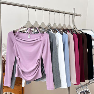 เสื้อยืดแขนยาวทรงสลิมฟิตสำหรับผู้หญิงในช่วงฤดูร้อน เสื้อเชิ้ตคอวีทรงสั้นไม่สมมาตรดีไซน์เก๋ไก๋สำหรับใส่ไปทำงาน