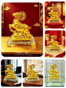 Golden Sheep Figurine 2027 Year of the Goat Ornament Auspicious Wealth Collectible Statue with Crystal Base Home Office Decor Lucky Gift