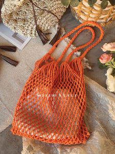 Large Capacity Hollow out Fishing Net Bag Woven Tote Shoulder Bag for Beach Vacation Cotton Casual Single Shoulder Handbag