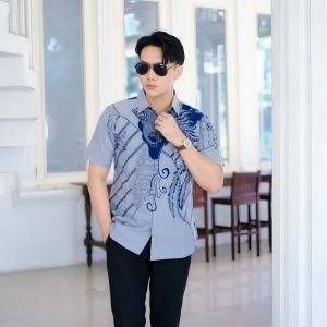 New kemeja batik pria slimfit motif BARAMUKTI Abu navy berlapis furing/baju atasan pria batik warna Abu navy lengan pendek dan panjang katun halus