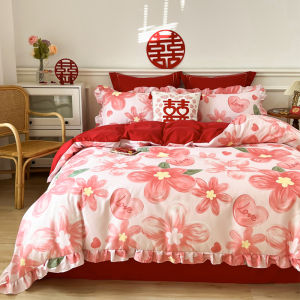 Double-Sided Romantic Love Wedding Room Four-Piece Set Wedding Bright Red Happy to Be Married by Women New Wedding Celebration Bedding