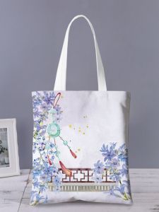 Vintage Ethnic Style Canvas Bag with Hand-Drawn Illustration for Women Versatile Single Shoulder Eco-Friendly Shopping Tote