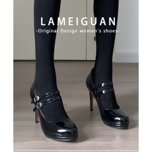 รองเท้าส้นสูงแบบสวมหัวกลมสไตล์ฝรั่งเศส รองเท้าส้นเดี่ยวสีดำ รองเท้า Mary Janes ทรงเรโทร รองเท้าส้นเดี่ยวแบบสวมหัวกลมสำหรับผู้หญิง