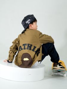 Boys Long-Sleeved Shirt Fall and Winter New Arrival Japanese Fashion Brand Ape Man Khaki Blouse Baby Pure Cotton Fashionable Cardigan Outwear