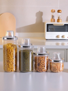 LOCAUPIN Airtight Food Container with Measuring Cup Transparent Cans Kitchen Storage Canister Dispenser Jar for Grains