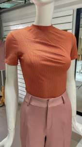 F1184 Áo ôm body croptop cổ tròn tay ngắn xếp ly ngực trên