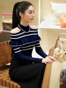 DANTING | Unique Stylish High-Grade Autumn Blue Halter Neck Knitted Top