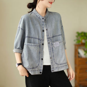 Womens Denim Jacket Spring Autumn Loose Fit Washed Retro Stand Collar Patchwork Single Button Closure Solid Color Fashion