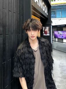 Summer Niche Style Tassel Short-Sleeved Shirt Mens Loose Plaid Cool Feeling Handsome Style Detachable Oblique Tie Decorative Design