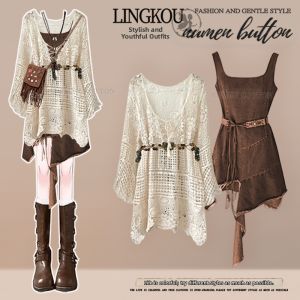 NUMEN BUTTON | Resort Style Retro Bohemian Knitted Cutout Plus Size Womens Dress Set