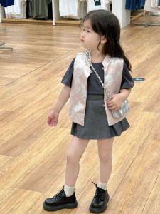 New Chinese Style Vest for Girls Summer Fashionable National Trend Print Top Short Sleeve Buttoned Skirt Cotton Blend Fabric