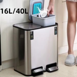 8L+8L/20L+20L stainless kitchen Double Barrel trash bin with cover big Household metal recycling Dry and Wet waste segregation trash can with pedal