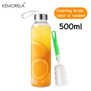 Glass Sports Water Bottle with Carrying Strap 500/750/1000ML for Vegetable Juices Fruit Juices And Coffee Include Cleaning Brush