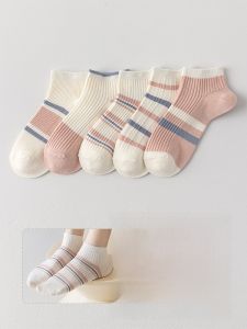 JINGCHI | Womens Summer Thin Short Socks Cute Striped Absorb Sweat Anti-Odor Boat Socks Trendy Crystal Stream Sweet Style 5 Pairs Pack