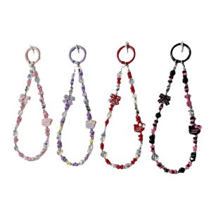 Cartoon KT Cat Alloy Phone Chain Acrylic Black Powder Sweet Cool Colorful Peanut Bead Bag Pendant Keychain Pendant