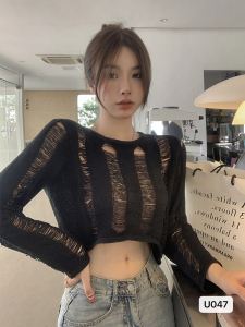 plus Size Knitted Short Top with Belt Hollow out Design Womens Summer Sun Protection Cover up Korean Style round Neck Long Sleeve