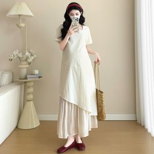 Fashionable Maternity Dress Slim Styling Fake Two-Piece Square Neck