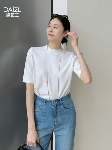 Pure Cotton Mid-Sleeve Stand Collar Base Shirt Loose Fit Commute Friendly Womens T-Shirt Short Sleeve Classic Knitted Top