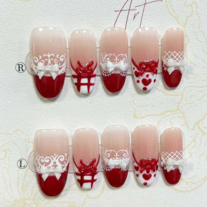 10PCS Red New Year Oval Handmade Press on Nails French Lace Polka Dots Nail Art Cute Heart 3D Bow Blush Fake Nails Removable
