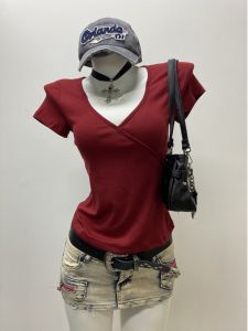 Hxia Original Red V-neck Short Sleeve T-shirt Women Summer Color Block Design Sweet And Spicy Small Top Korean Style Slim Fit