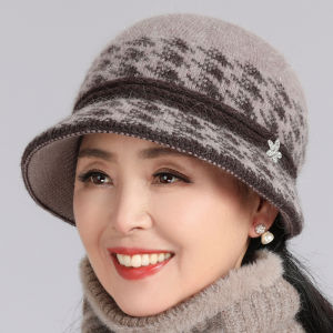Mom Hat Female Autumn and Winter Middle-Aged and Elderly Fleece-lined Grandma Bucket Hat Women Rabbit Wool Bucket Hat Neckerchief Cover