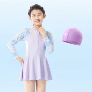 Li-Ning | Đồ Bơi Liền Mảnh Cho Bé Gái Tay Dài Chống UV Có Đệm Ngực Váy