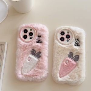 Soft Plush 3D Pearl Carrot Phone Case For iPhone 16 15 14 13 12 11 Pro Max Plus Fluffy Warm Winter Furry Fur Cover