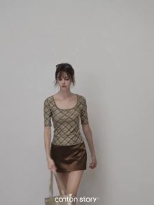 Cantonstory | Vintage Slim Fit Green Check Square Neck T-Shirt