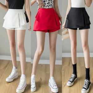 Spring Summer Chiffon Puffy Half-length Skirt Womens High-waist Asymmetrical Red A-line Skirt with Lace Trim Commute Style