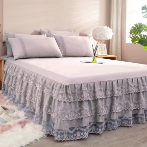 Simple Pure Color Lace Bed Skirt Three-Piece Set Korean Princess Style Bed Cover 1.5m 1.8m Spring Summer Bedding Accessories
