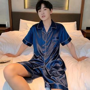 John Mens Ice Silk Pajamas Short Sleeve Long Pants Thin Section for Summer High-End Feel Home Clothes Set
