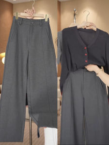 High Waist Grey Woolen Tencel Wide Leg Pants Womens Casual Straight Cut Slimming Autumn New Style Comfortable Fashionable