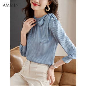 Vòng cổ đơn giản mới mùa thu 2023 với thiết kế ràng buộc nơ bên áo Voan Xếp Li đi lại phong cách Hàn Quốc Phụ nữ ngọt ngào tay áo bong bóng tay dài màu trơn Áo Blouse thanh lịch