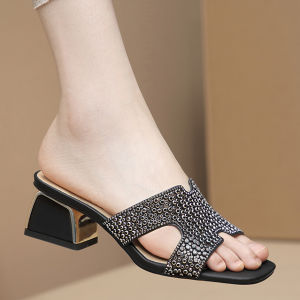 Fashionable Diamond Embellished Womens Sandals 2023 Summer New Thick Heel Slip-On Square Head Slippers Breathable Comfortable