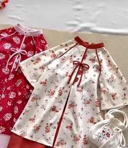 Áo dài cho bé gái chất nhung họa tiết hoa nhí sz 10-30kg áo dài tết cho bé gái
