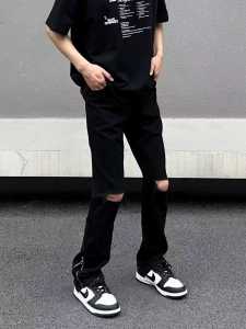 กางเกงยีนส์ขาดๆ สีดำ ทรงหลวม ดีไซน์ซิป สำหรับผู้ชายและผู้หญิง สไตล์สตรีทอเมริกัน กางเกงขายาวทรงหลวม ทรงขาบาน