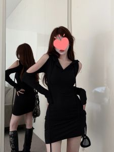 Pure Desire Hot Bé Gái Mùa Xuân Thu Co Giãn Lưng Cao Tay Đàn Hồi Ôm Dáng Váy Đầm Nữ Cổ Trắng Khóa Băng Dài Tay Áo Thun